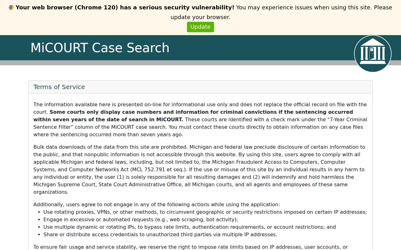Ottawa County criminal court case search screen in MiCOURT